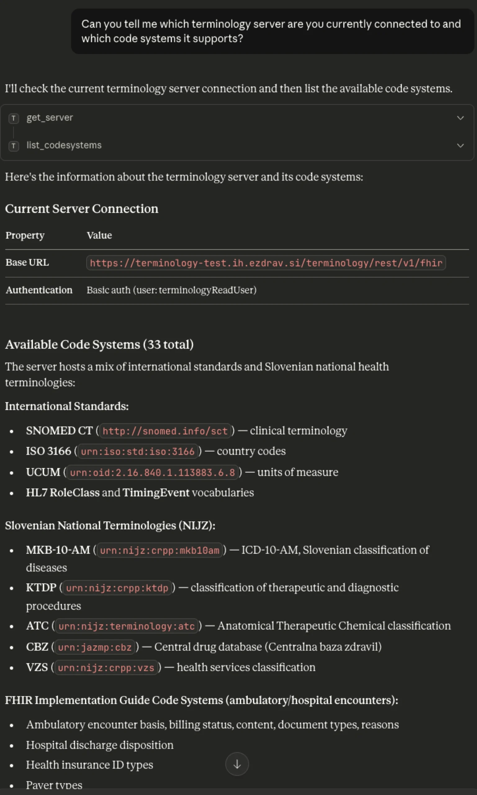Listing the connected FHIR Terminology Server and available CodeSystems