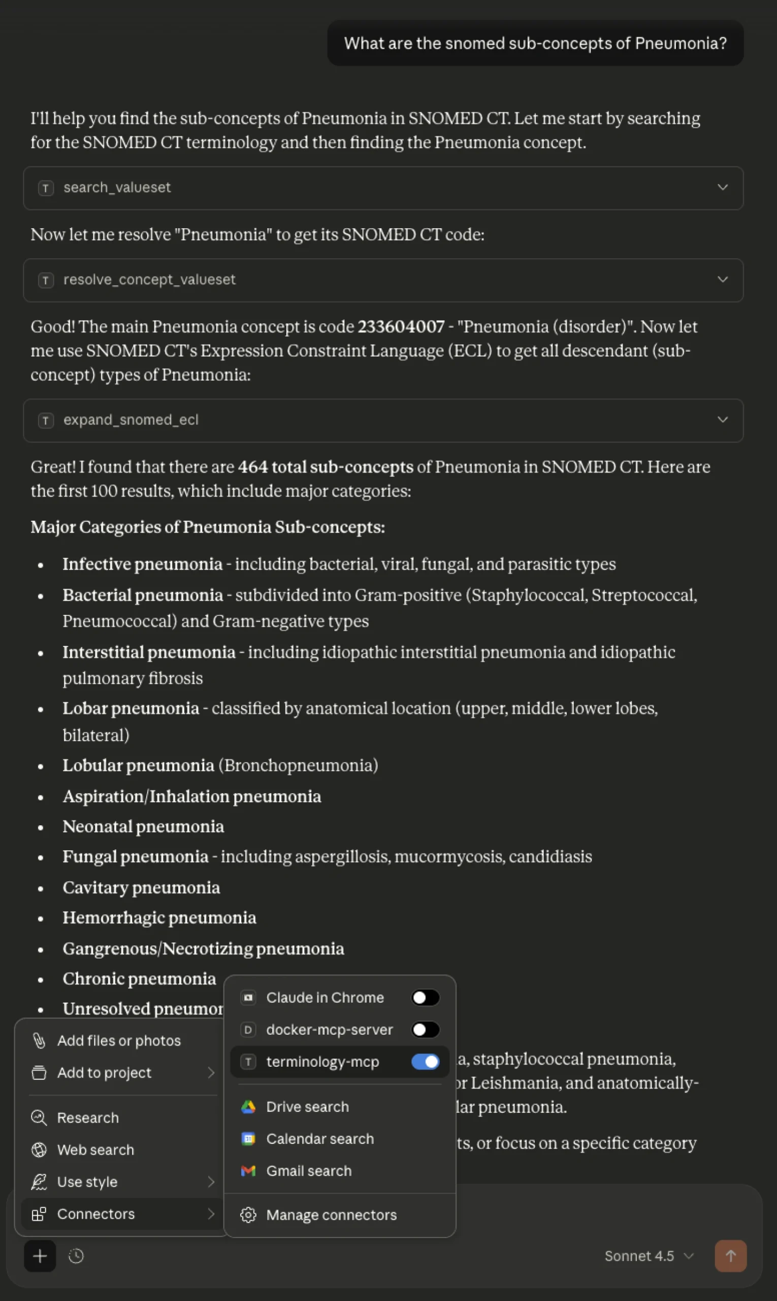 Expanding SNOMED CT pneumonia sub-concepts using an ECL query