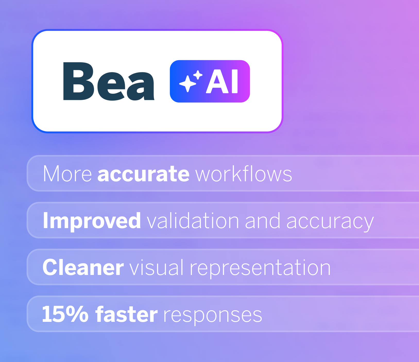 Graphic highlighting the new capabilities of Bea, the AI assistant for Better Studio. Benefits shown: More accurate workflows; Improved validation and accuracy; Cleaner visual representation; 15% faster responses.
