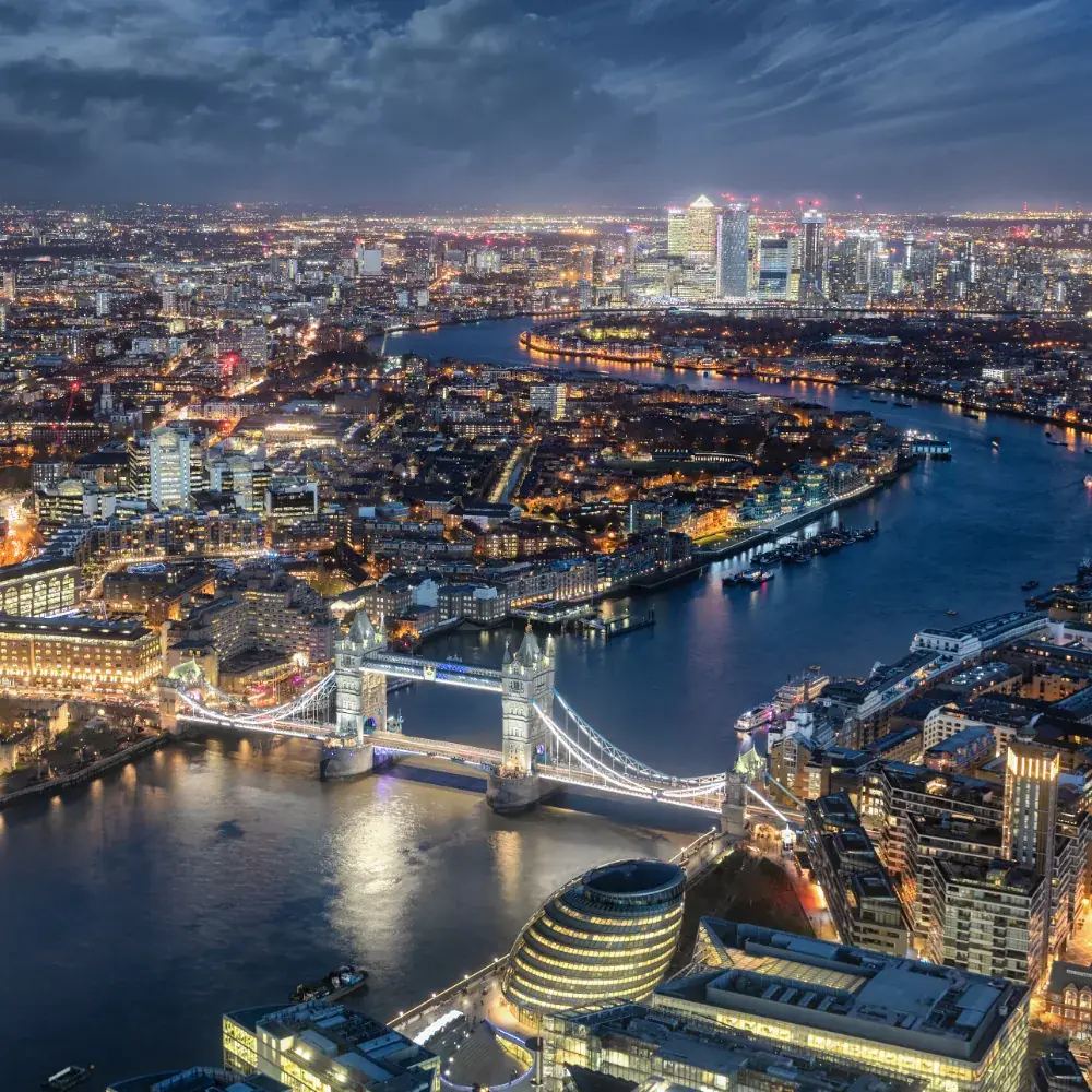 London and the Thames at night, seen from above
